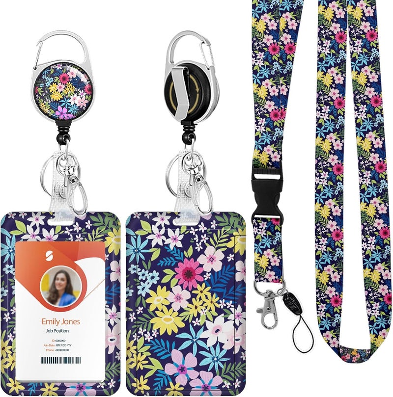 Boutilon ID Badge Holder with Lanyard,Retractable ID Badge Card Holders Detachable Neck Lanyard Strap with Badge Reel and Vertical ID Holder for Nurse Students Teachers Office Staff(Flower Blooming) - Image 1